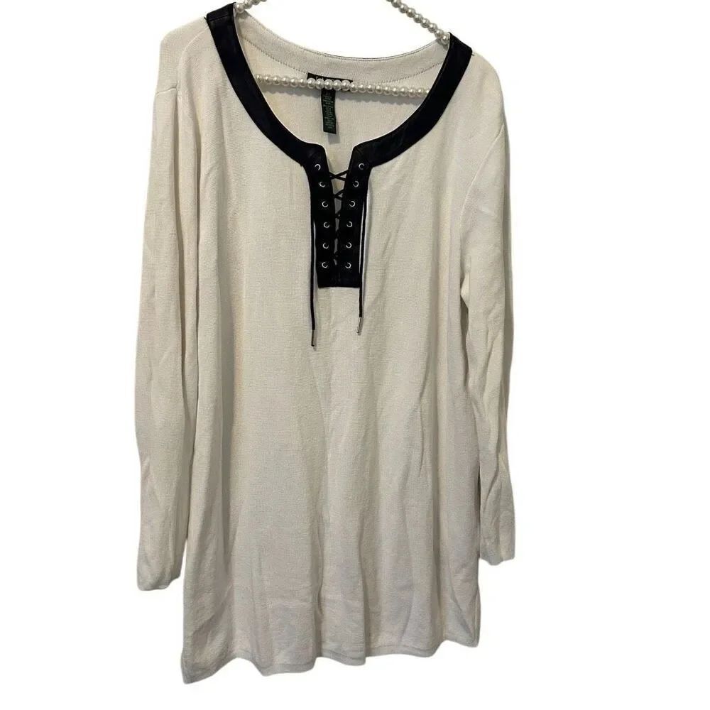 lauren ralph lauren Women's 2X Long Sleeve White blue Lace Up Front Top tunic mo